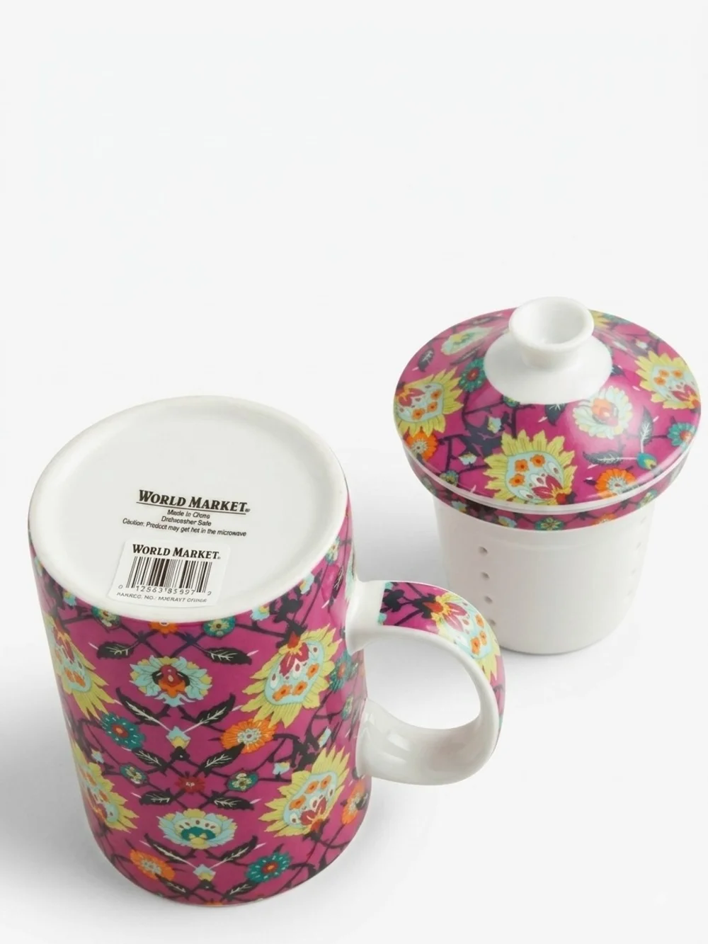 WORLD MARKET Pink Floral Ceramic Tea Mug with Infuser and Lid